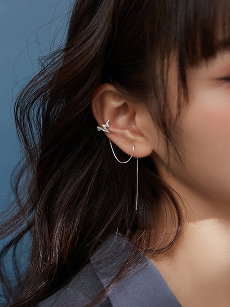 Ear Cuff No Piercing - Gerçek 925 ayar gümüş çift zincirli