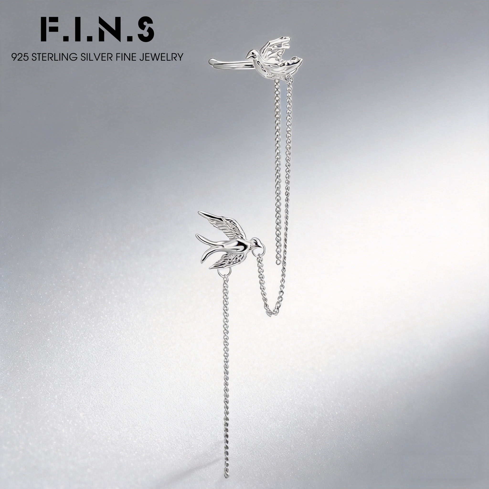 Ear Cuff No Piercing - F.I.N.S Kuş Şekilli S925 Gümüş Zincir